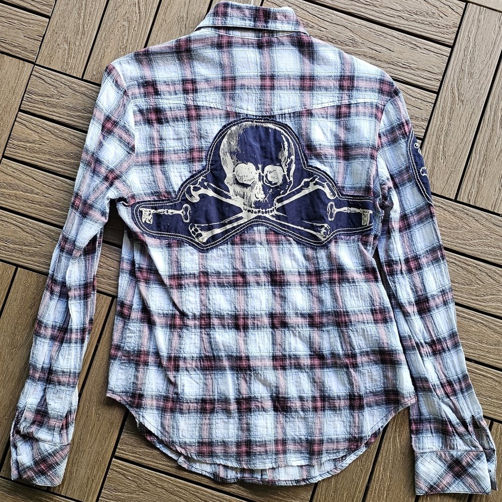 Primevil Skull & Crossbones Embroidered Plaid Button Up Flannel